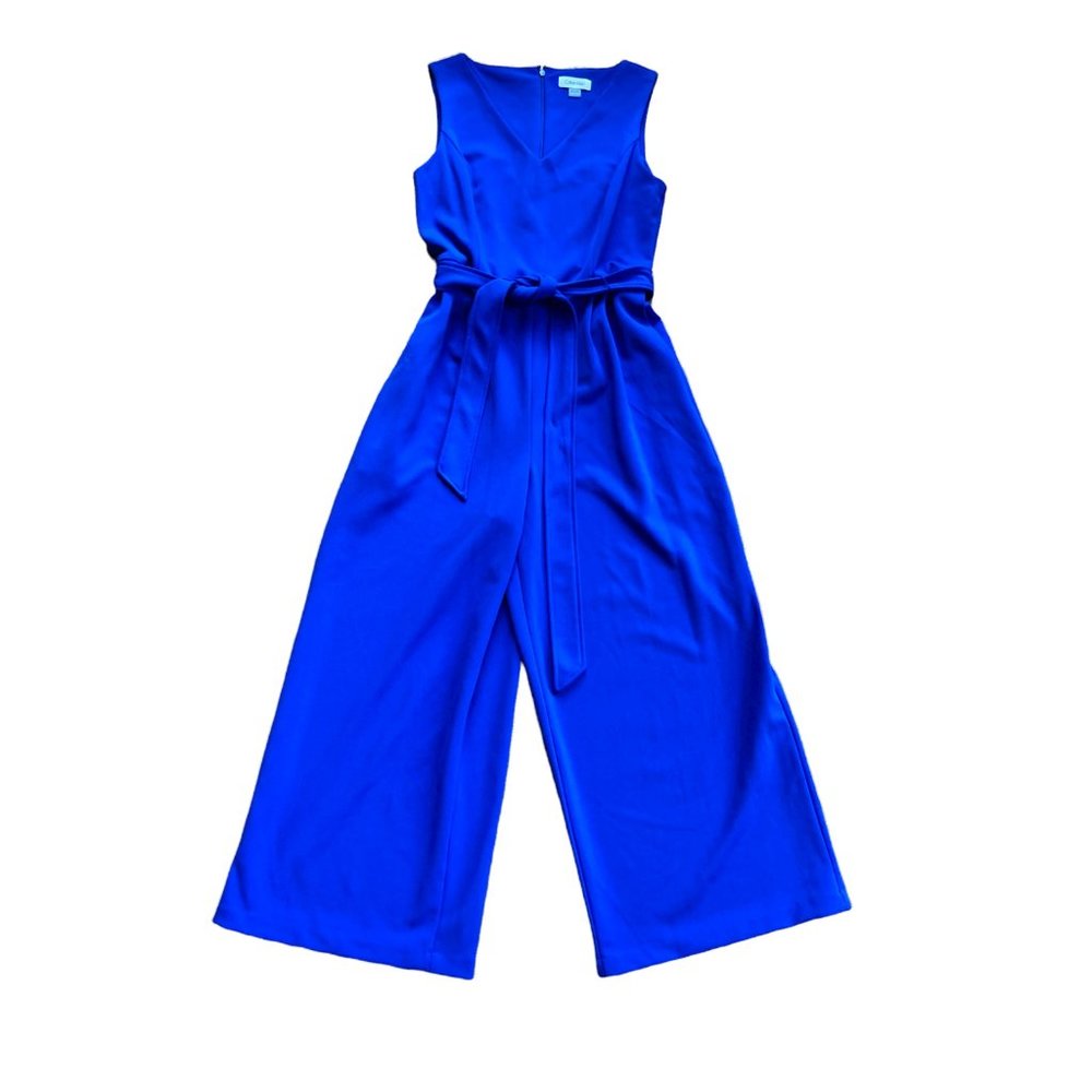 Calvin Klein womens sleeveless V neck belted jumpsuit pantsuit size 6 blue
